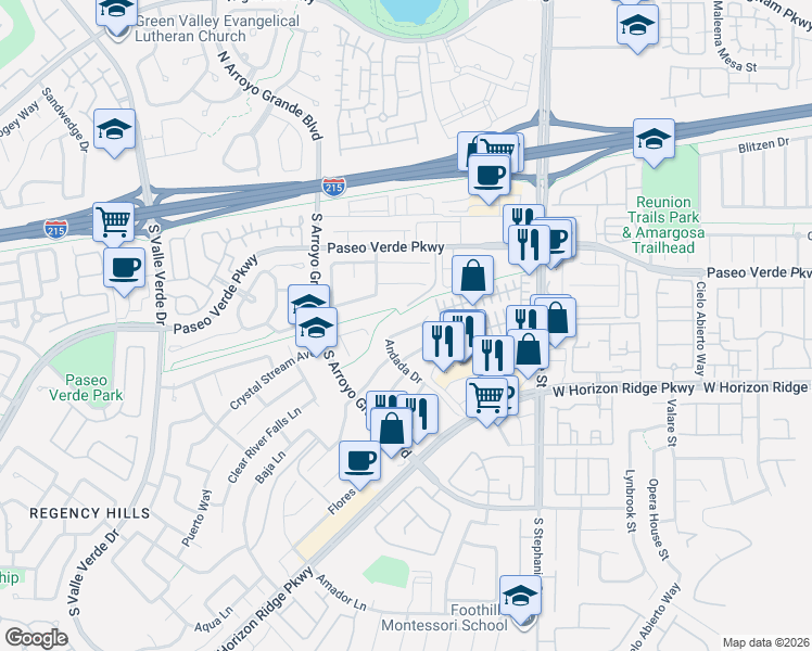 map of restaurants, bars, coffee shops, grocery stores, and more near 1464 Verde Triandos Drive in Henderson