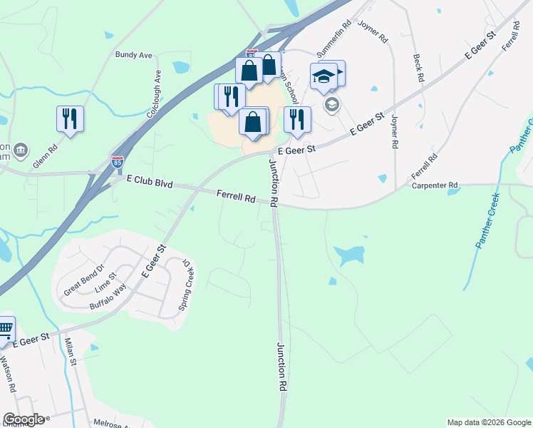 map of restaurants, bars, coffee shops, grocery stores, and more near 2240 Ferrell Road in Durham