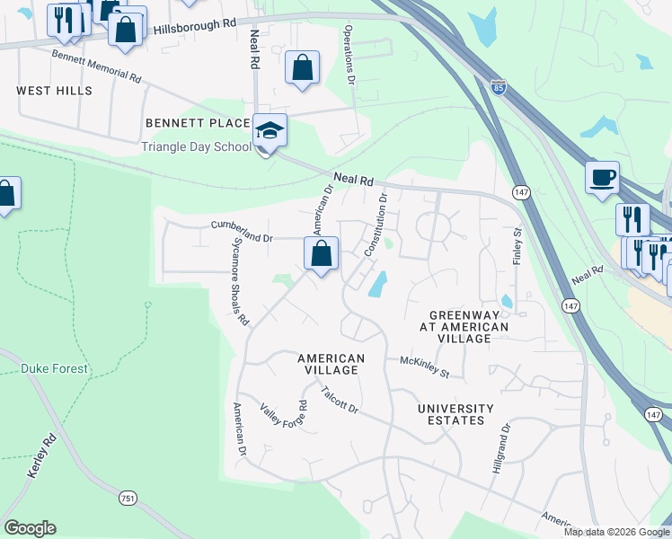 map of restaurants, bars, coffee shops, grocery stores, and more near 67 Pocono Drive in Durham