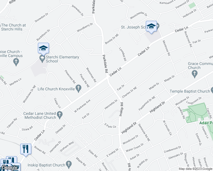 map of restaurants, bars, coffee shops, grocery stores, and more near 1221 West Parkway Avenue in Knoxville