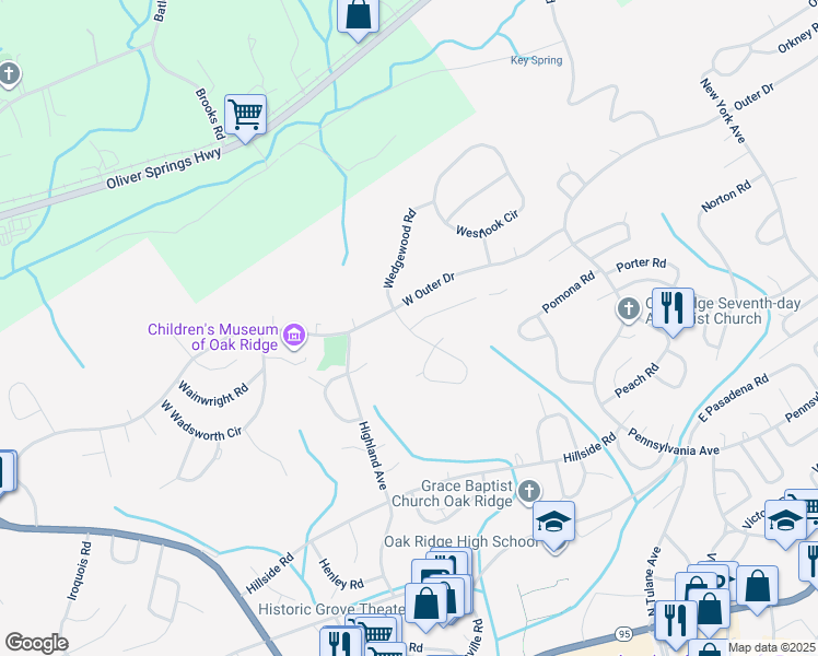 map of restaurants, bars, coffee shops, grocery stores, and more near 114 Wade Lane in Oak Ridge