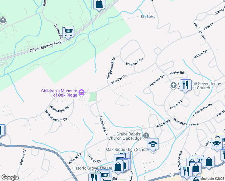 map of restaurants, bars, coffee shops, grocery stores, and more near 114 Wade Lane in Oak Ridge