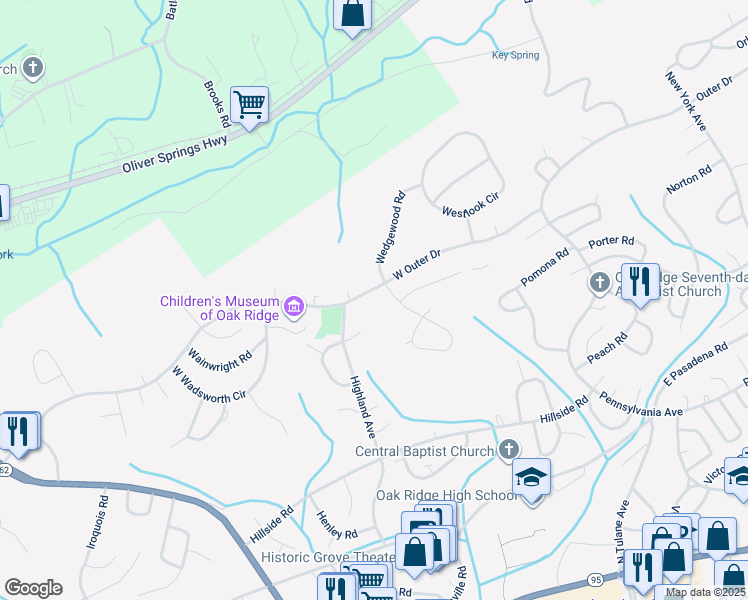 map of restaurants, bars, coffee shops, grocery stores, and more near 419 West Outer Drive in Oak Ridge