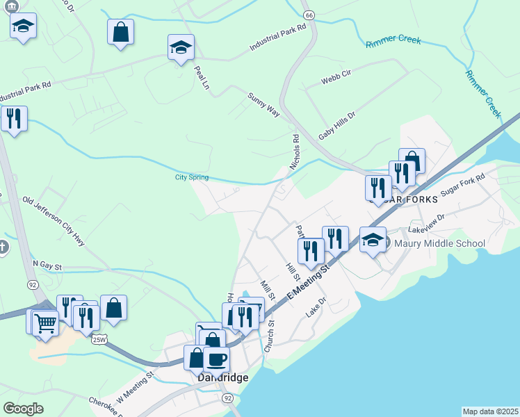 map of restaurants, bars, coffee shops, grocery stores, and more near 955 Nichols Road in Dandridge