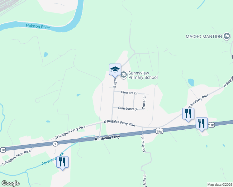 map of restaurants, bars, coffee shops, grocery stores, and more near 6904 Clowers Drive in Knoxville