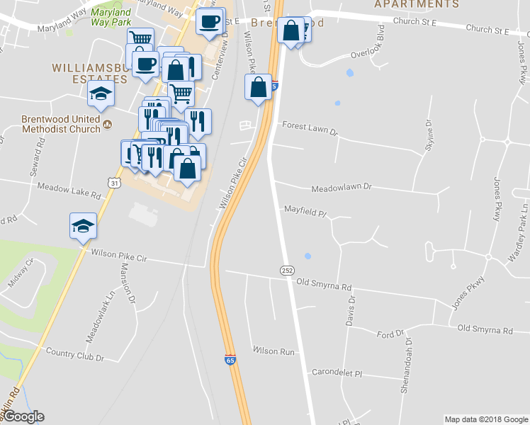 map of restaurants, bars, coffee shops, grocery stores, and more near 401 Wilson Pike in Brentwood