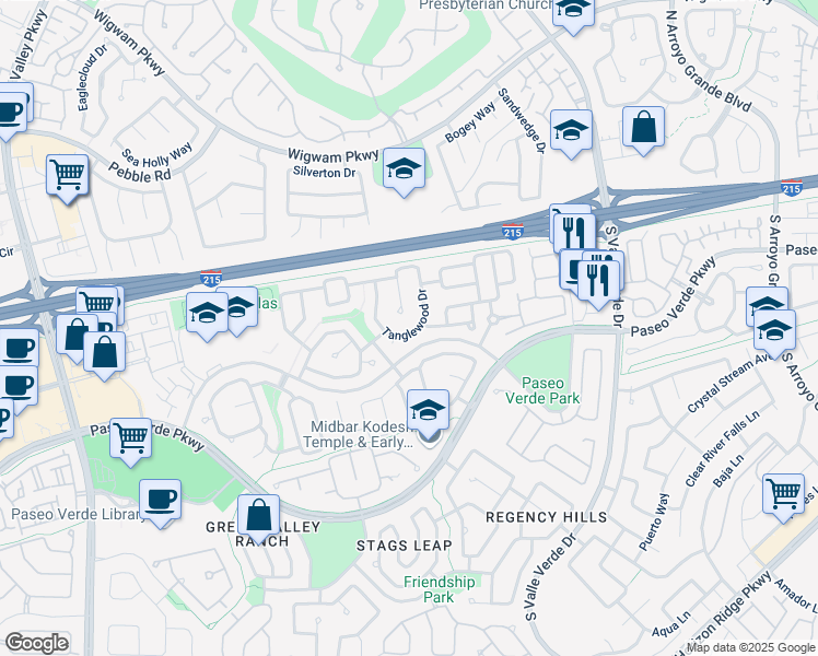 map of restaurants, bars, coffee shops, grocery stores, and more near 104 Tanglewood Drive in Henderson