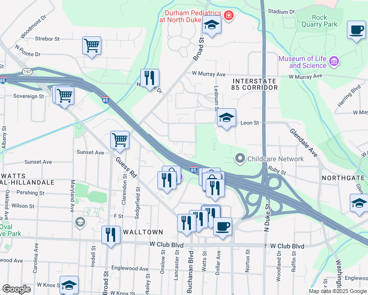 map of restaurants, bars, coffee shops, grocery stores, and more near 1309 Hudson Avenue in Durham