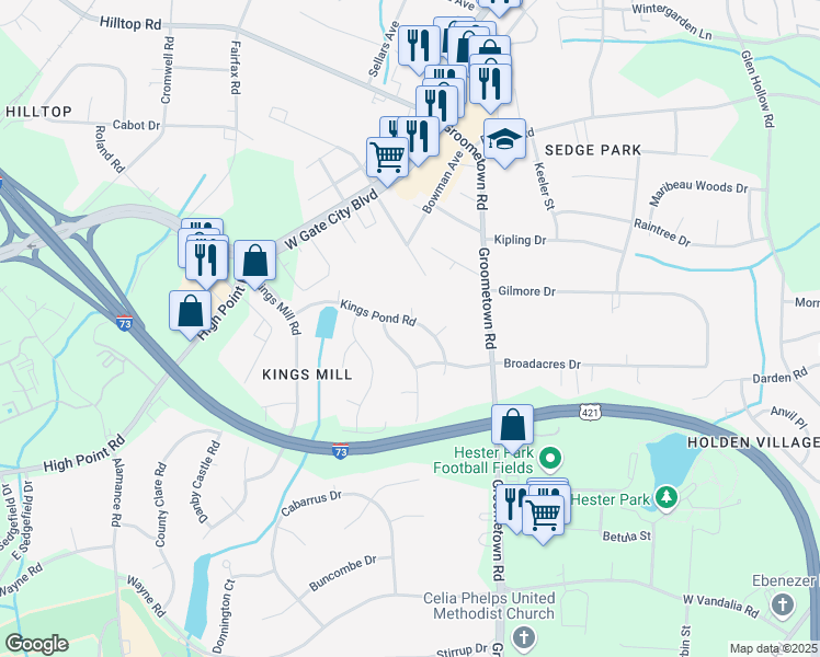 map of restaurants, bars, coffee shops, grocery stores, and more near 3200 Kings Pond Road in Greensboro