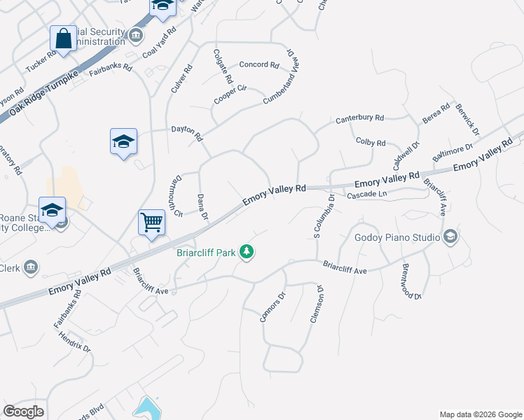 map of restaurants, bars, coffee shops, grocery stores, and more near 102 Emory Lane in Oak Ridge