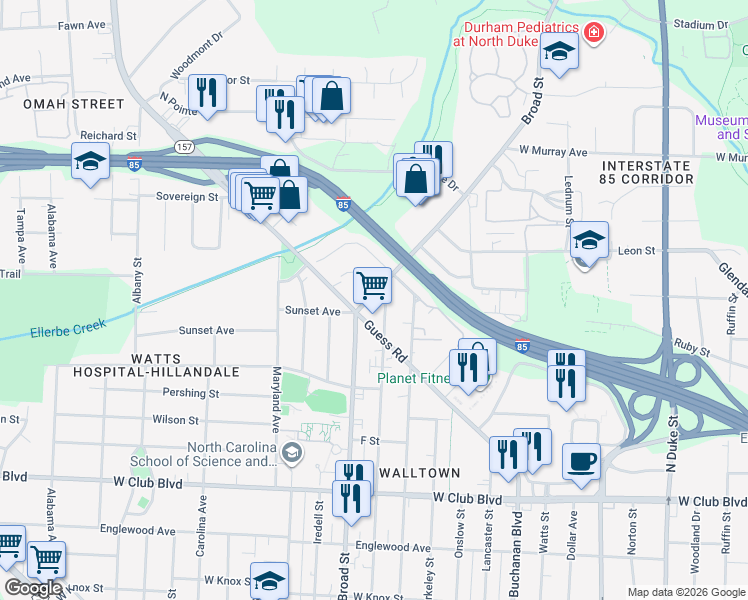 map of restaurants, bars, coffee shops, grocery stores, and more near 1717 Hillcrest Drive in Durham