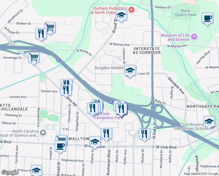 map of restaurants, bars, coffee shops, grocery stores, and more near 1301 East Hudson Avenue in Durham