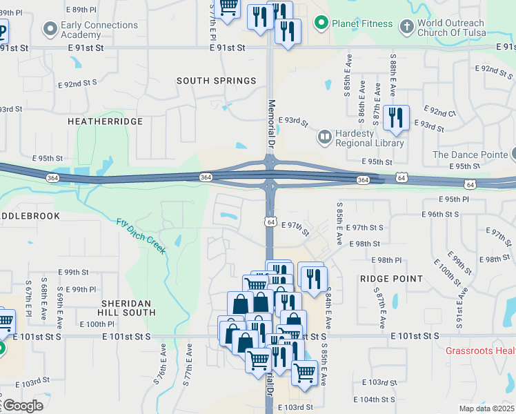map of restaurants, bars, coffee shops, grocery stores, and more near 9618 South Memorial Drive in Tulsa