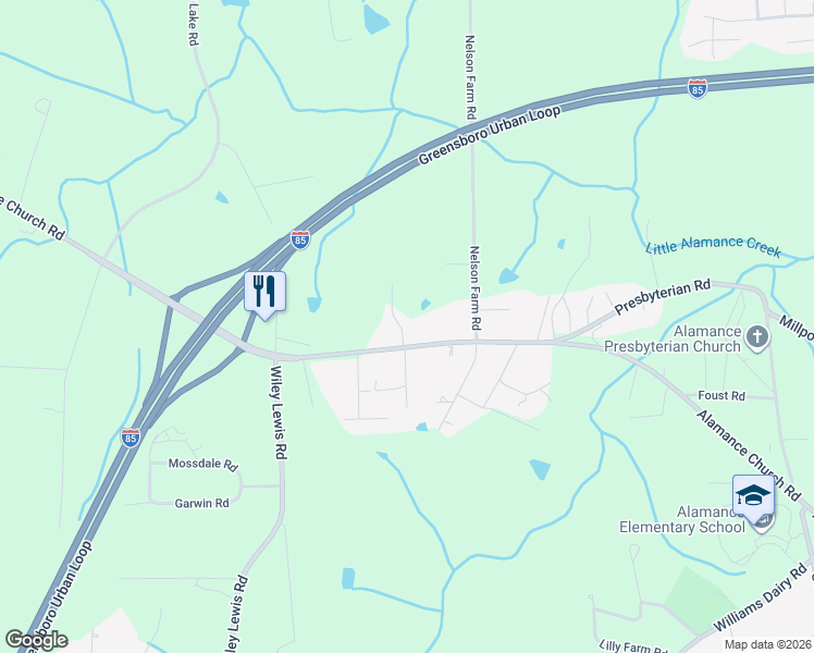 map of restaurants, bars, coffee shops, grocery stores, and more near 1813 Alamance Church Road in Greensboro