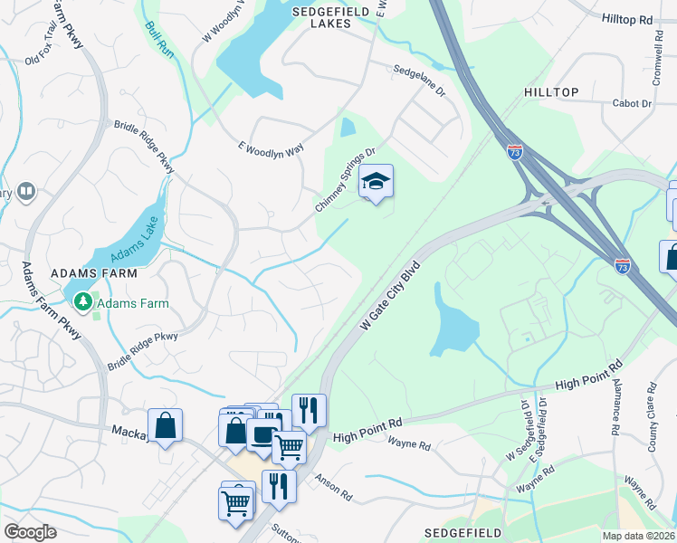 map of restaurants, bars, coffee shops, grocery stores, and more near 12 Archer Glen Court in Greensboro