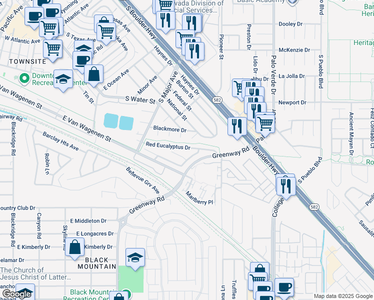 map of restaurants, bars, coffee shops, grocery stores, and more near 355 Red Eucalyptus Drive in Henderson