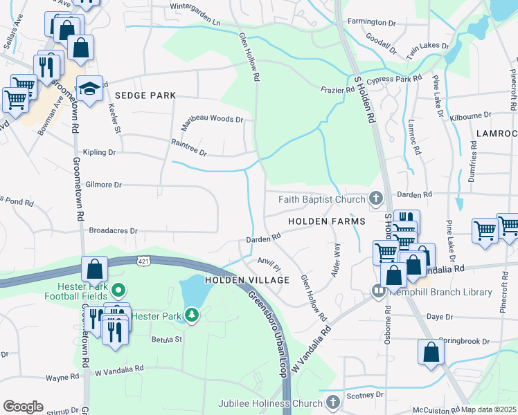 map of restaurants, bars, coffee shops, grocery stores, and more near 2906 Glen Hollow Road in Greensboro