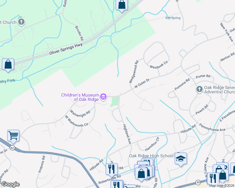 map of restaurants, bars, coffee shops, grocery stores, and more near 440 West Outer Drive in Oak Ridge