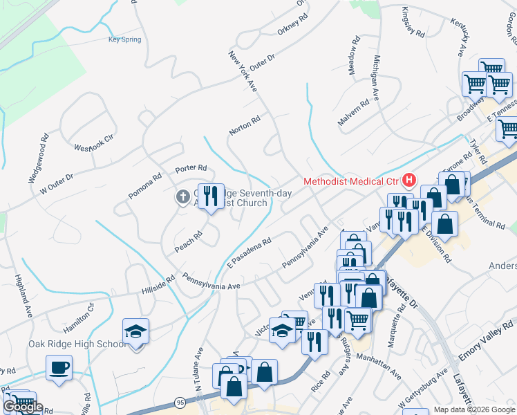 map of restaurants, bars, coffee shops, grocery stores, and more near 180 Umbria Lane in Oak Ridge