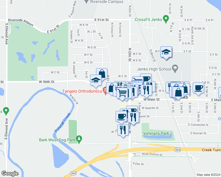 map of restaurants, bars, coffee shops, grocery stores, and more near 738 Plaza Drive in Jenks