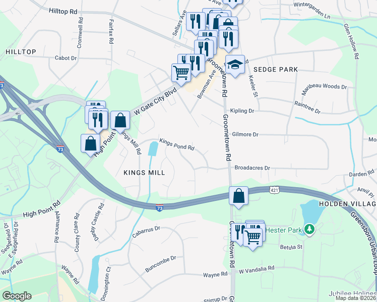 map of restaurants, bars, coffee shops, grocery stores, and more near 3200 Kings Pond Road in Greensboro