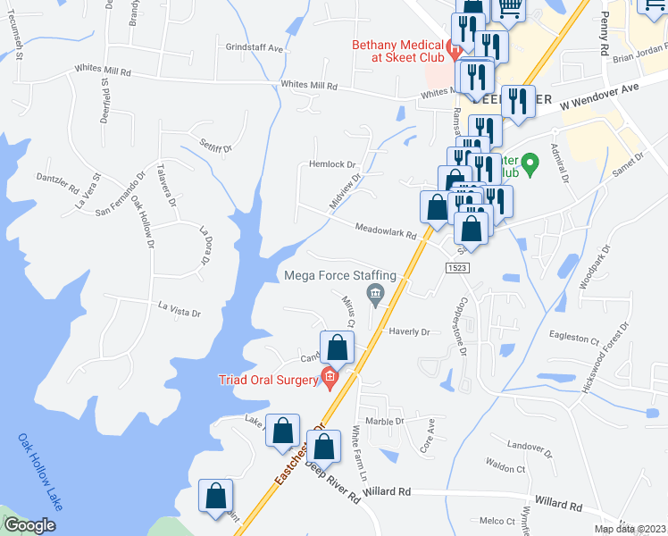 map of restaurants, bars, coffee shops, grocery stores, and more near 2215 Plainview Drive in High Point