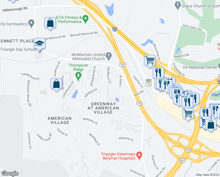 map of restaurants, bars, coffee shops, grocery stores, and more near 11 Prestwick Place in Durham