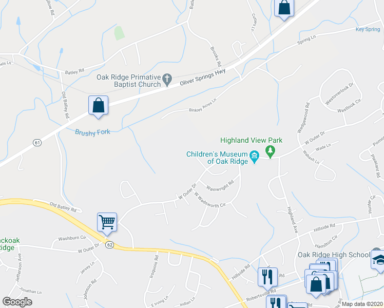 map of restaurants, bars, coffee shops, grocery stores, and more near 121 North Walker Lane in Oak Ridge