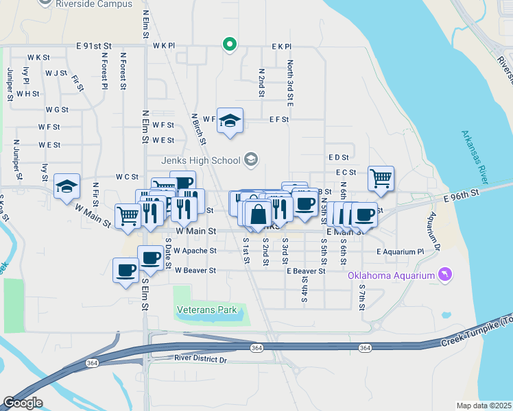 map of restaurants, bars, coffee shops, grocery stores, and more near 123 East A Street in Jenks