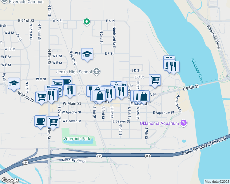 map of restaurants, bars, coffee shops, grocery stores, and more near 303 East A Street in Jenks