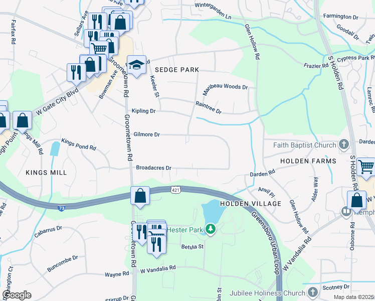 map of restaurants, bars, coffee shops, grocery stores, and more near 3901 Gilmore Drive in Greensboro