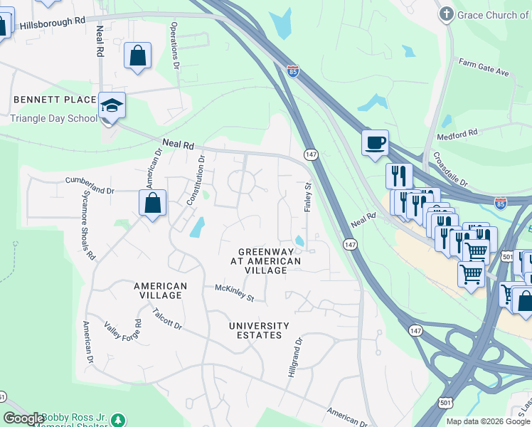 map of restaurants, bars, coffee shops, grocery stores, and more near 6 Prestwick Place in Durham