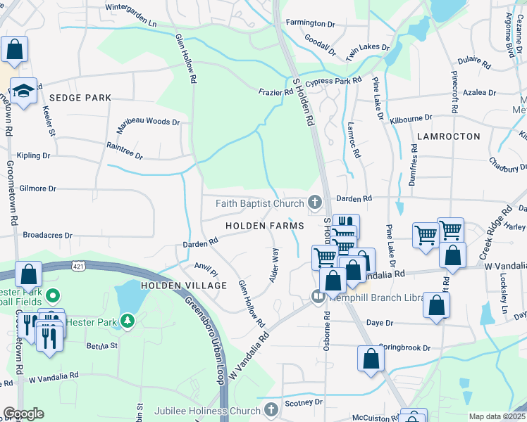 map of restaurants, bars, coffee shops, grocery stores, and more near 3302 Darden Road in Greensboro
