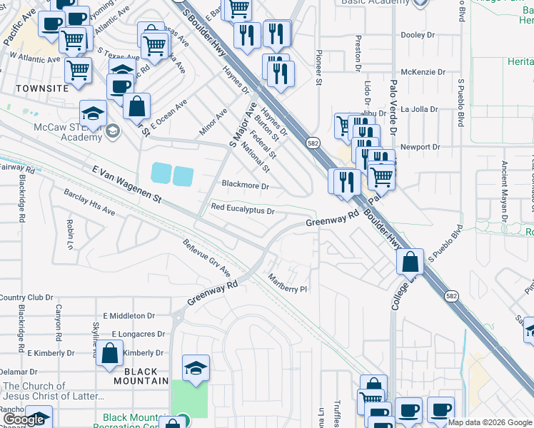 map of restaurants, bars, coffee shops, grocery stores, and more near 355 Red Eucalyptus Drive in Henderson