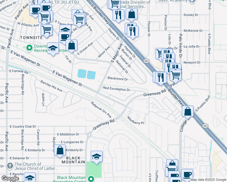map of restaurants, bars, coffee shops, grocery stores, and more near 313 Red Eucalyptus Drive in Henderson
