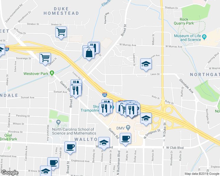 map of restaurants, bars, coffee shops, grocery stores, and more near 1317 East Hudson Avenue in Durham