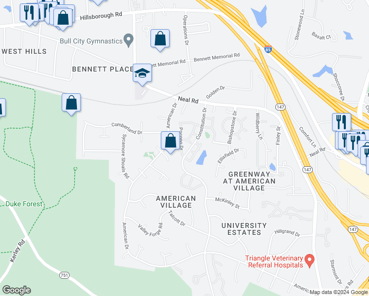 map of restaurants, bars, coffee shops, grocery stores, and more near 67 Pocono Drive in Durham
