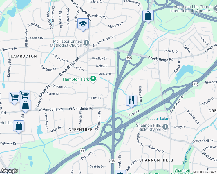 map of restaurants, bars, coffee shops, grocery stores, and more near 2200 Juliet Place in Greensboro