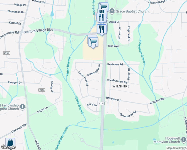 map of restaurants, bars, coffee shops, grocery stores, and more near 1816 Greencedar Lane in Winston-Salem