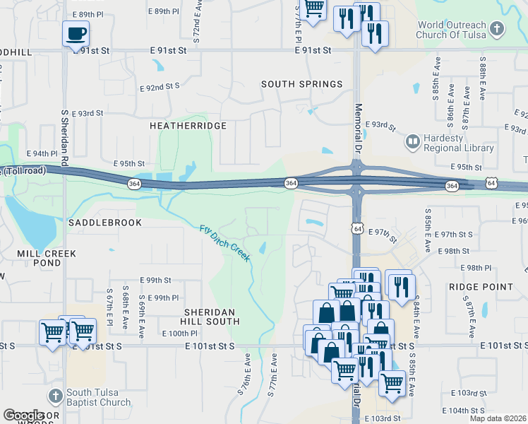 map of restaurants, bars, coffee shops, grocery stores, and more near 9716 South 75th East Avenue in Tulsa