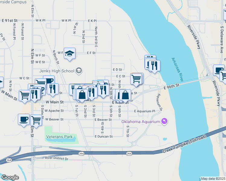 map of restaurants, bars, coffee shops, grocery stores, and more near 531 East A Street in Jenks