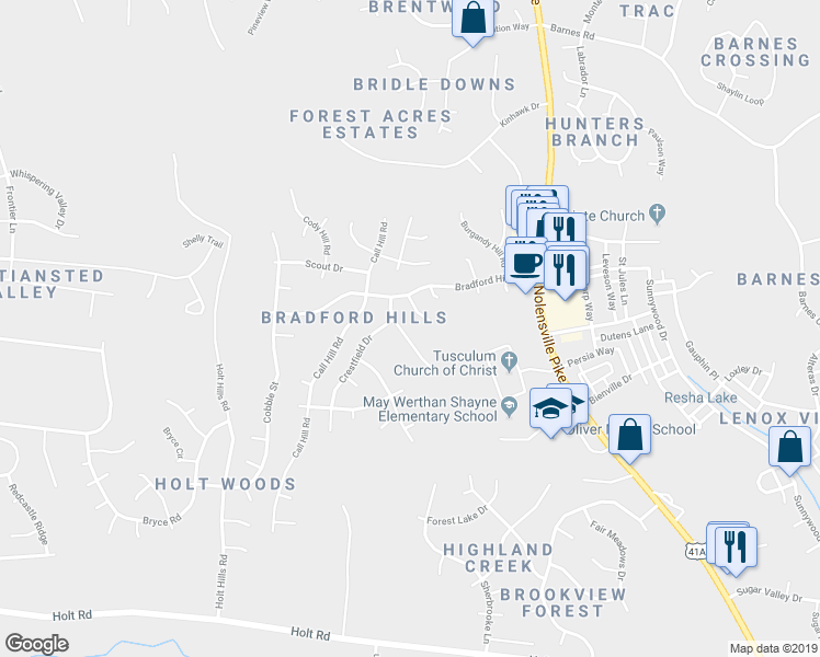 map of restaurants, bars, coffee shops, grocery stores, and more near 921 Fallview Trail in Nashville