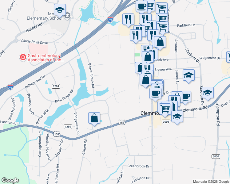 map of restaurants, bars, coffee shops, grocery stores, and more near 6570 Lake Dale Way in Clemmons