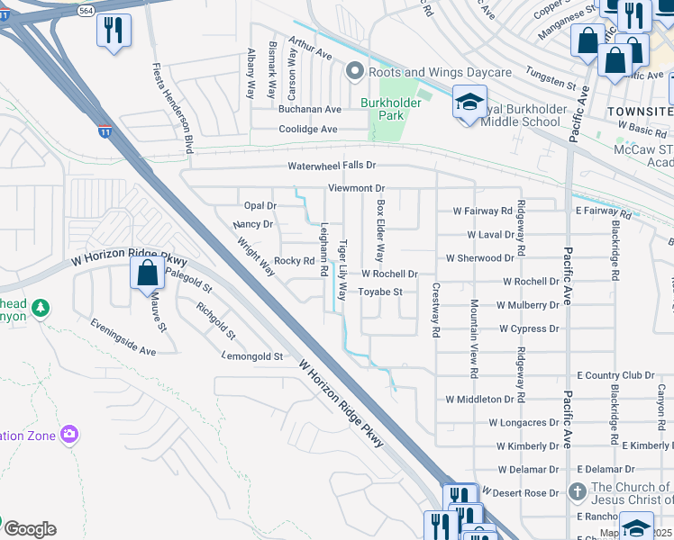 map of restaurants, bars, coffee shops, grocery stores, and more near 436 Tiger Lily Way in Henderson