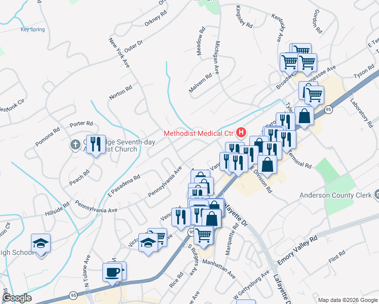 map of restaurants, bars, coffee shops, grocery stores, and more near 230 West Tennessee Avenue in Oak Ridge