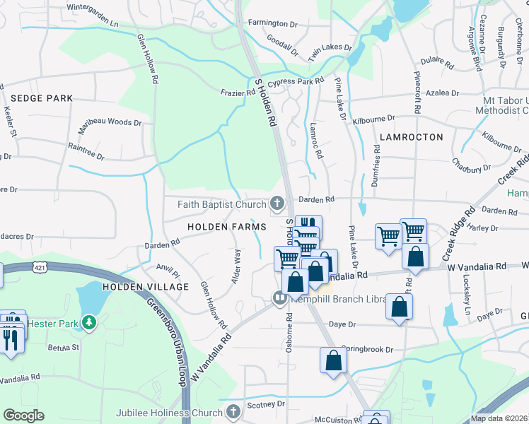 map of restaurants, bars, coffee shops, grocery stores, and more near 3117 Darden Road in Greensboro