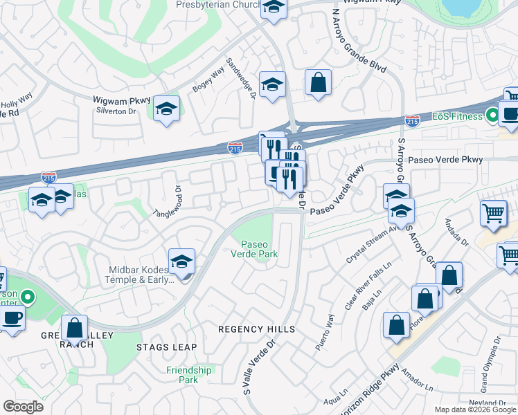 map of restaurants, bars, coffee shops, grocery stores, and more near 187 Mountainside Drive in Henderson
