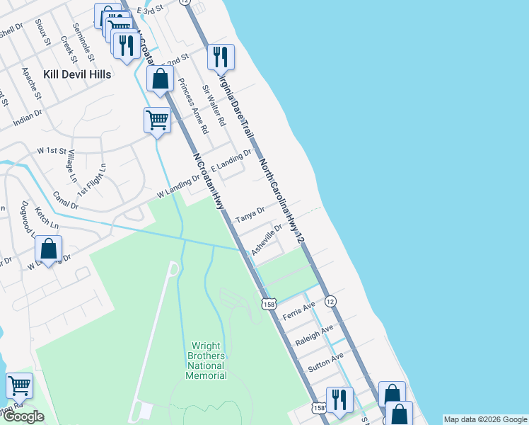 map of restaurants, bars, coffee shops, grocery stores, and more near 119 Tanya Drive in Kill Devil Hills