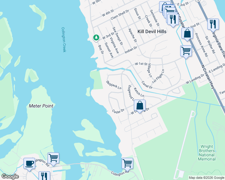 map of restaurants, bars, coffee shops, grocery stores, and more near 915 Cedar Dr in Kill Devil Hills