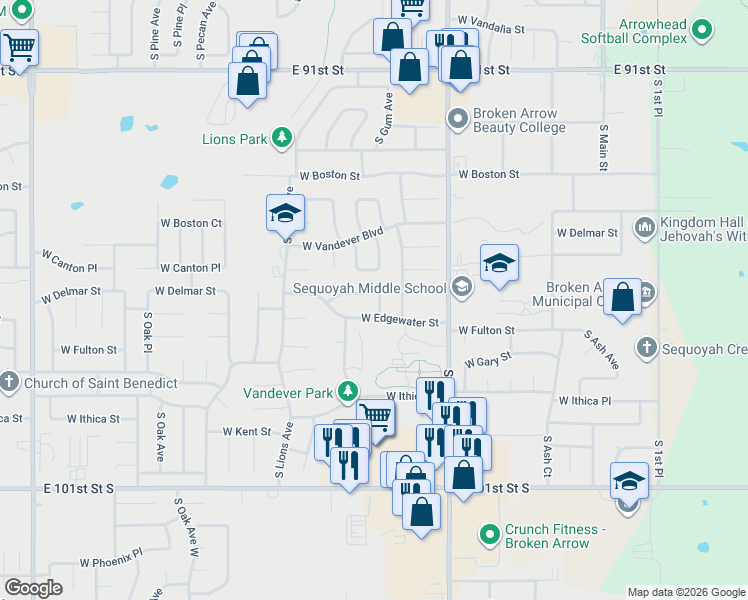 map of restaurants, bars, coffee shops, grocery stores, and more near 2500 South Hickory Court in Broken Arrow
